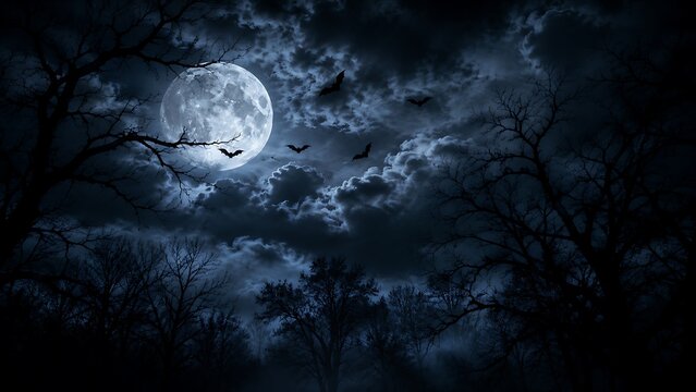 Full moon shining over dark forest with bats