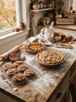 Freshly baked pumpkin pie and apple lattice pie with cinnamon rolls on a rustic kitchen counter