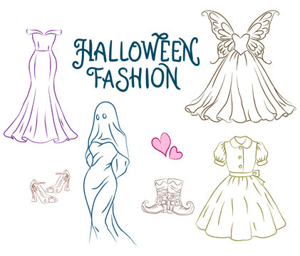 Halloween fashion collection with dresses, ghost costume, fairy wings, and accessories