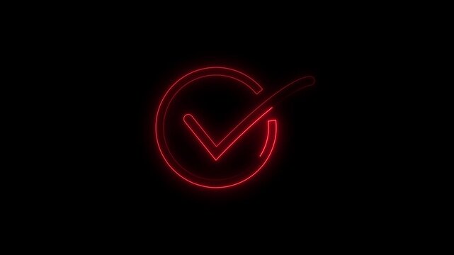 Animation of check mark icon background. Neon Tick mark icon seamless loop. Minimal neon Check Mark icon on black background. 4k video
