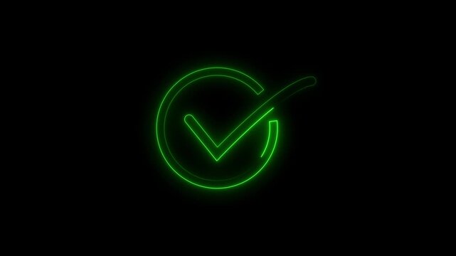 Animation of check mark icon background. Neon Tick mark icon seamless loop. Minimal neon Check Mark icon on black background. 4k video