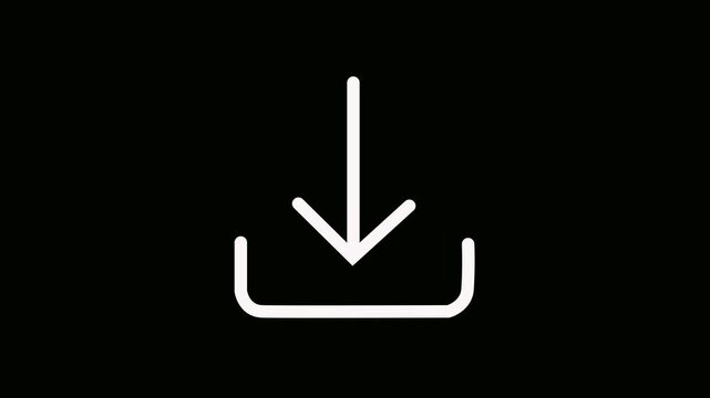 Download icon animation - Essential basic icon motion design. A white arrow pointing downward blinks repeatedly into a tray, symbolizing an active download process or ... 