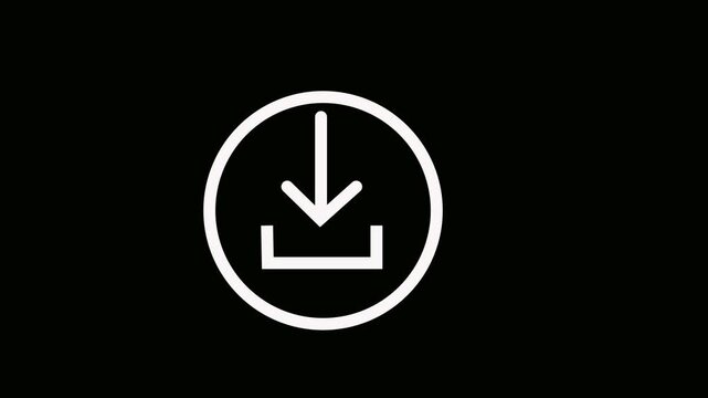 Download icon animation isolated on black background, downloading icon in circle with arrow animated. White download icon technology interface graphic on black .
