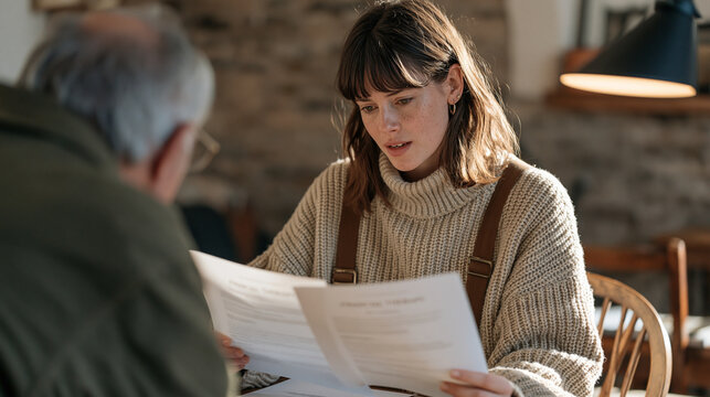 A lockkeeper along a historic canal cross references two financial therapy documents under artificial light in a dim stone office, emotional awareness evident in her focused