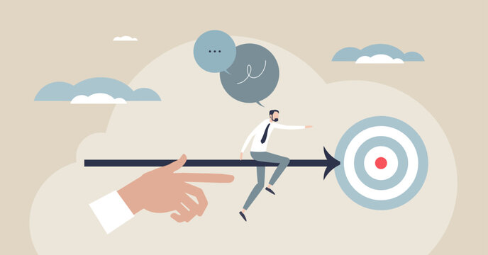 Executive coaching goals depicted as a leader riding an arrow guided by a coachs hand toward a bullseye, key objects, arrow, target, hand. Tiny style