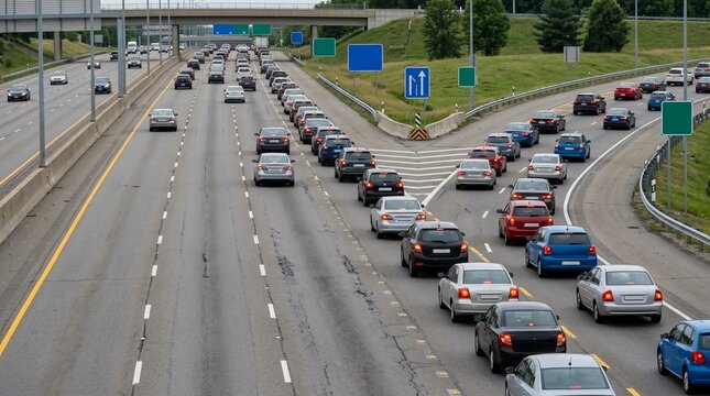 Heavy highway traffic congestion with cars merging into a bottleneck on a multi-lane road during daytime commute