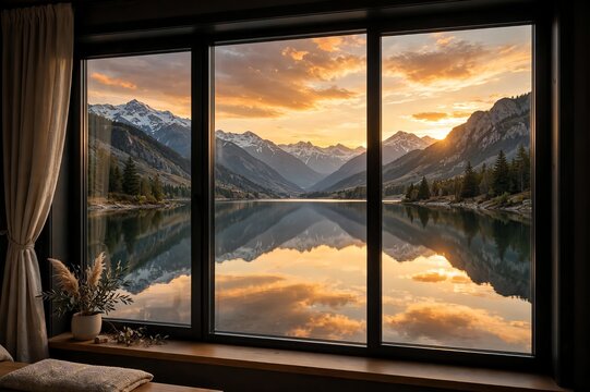 Large modern window overlooking a serene alpine lake reflecting mountains at sunset