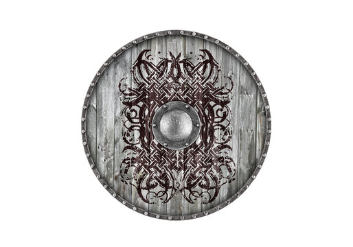 Old decorated viking wooden round shield isolated on white background