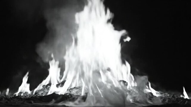 Black and white video of bright flames burning in the darkness, with wisps of smoke billowing upwards