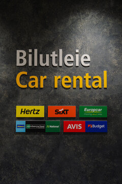 August 15, 2026, Stavanger, Norway - Car rental sign with multiple company logos at Stavanger Airport
