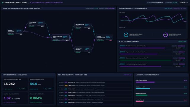 Advanced ai video synthesis monitoring pipeline with real-time metrics gpu performance, for artificial intelligence technology, machine learning, data analytics innovation