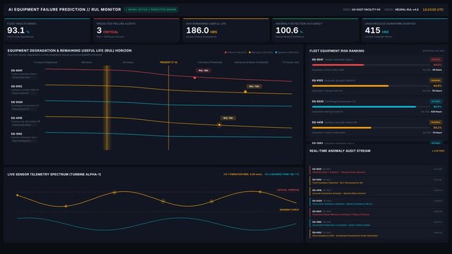 Advanced artificial intelligence equipment failure prediction dashboard with predictive analytics charts, for industrial maintenance, machine learning, predictive maintenance, data analysis