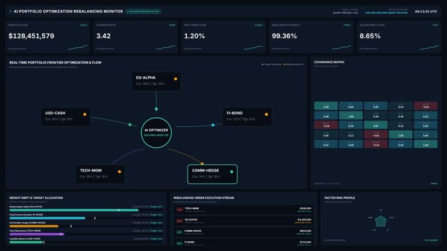 Advanced artificial intelligence portfolio rebalancing dashboard with real-time market data analytics, for financial technology, wealth management, automated trading, investment strategy