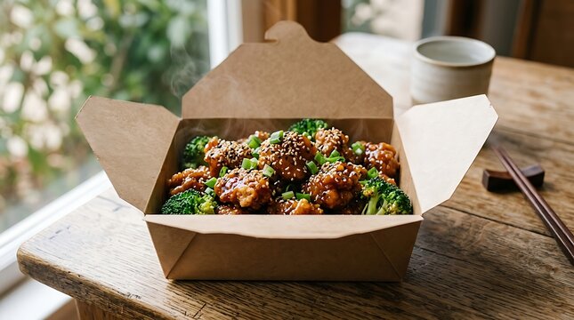 Fresh fried cauliflower bites with sesame seeds in a brown paper takeaway box on a wooden kitchen table. general tso chicken