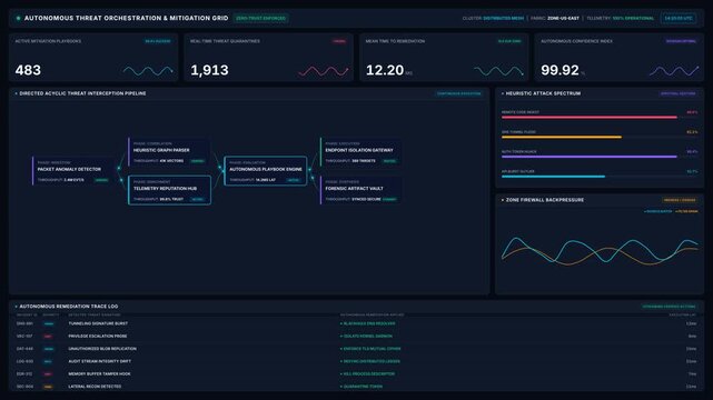Advanced cyber security interface for automated threat orchestration mitigation grid, for digital defense systems, network protection, malware analysis, artificial intelligence operations