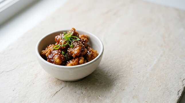 A small bowl filled with delicious crispy fried chicken glazed in a sweet and spicy sticky sauce. general tso chicken