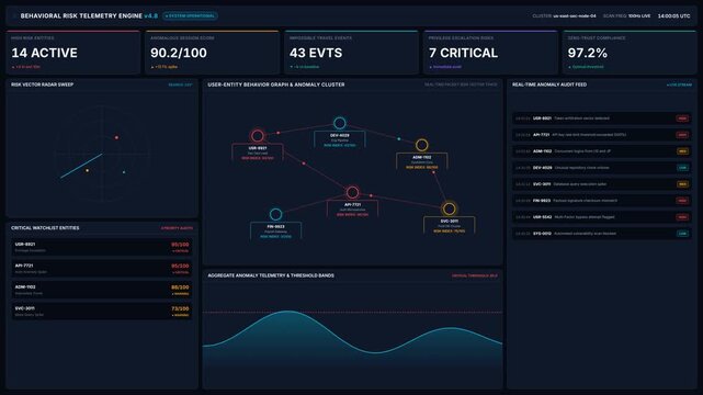 Advanced cybersecurity telemetry dashboard with risk metrics anomalies, for threat intelligence, system monitoring, data security analysis, network defense operations in enterprise networks