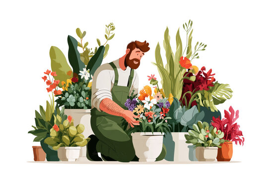 Professional male florist arranging colorful flowers in potted plants with gardening tools