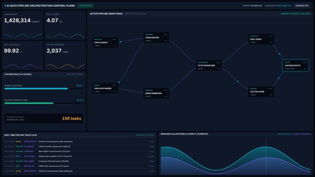 Ai pipeline data orchestration control plane dashboard with active graph metrics, for machine learning, artificial intelligence operations, network monitoring, enterprise software systems