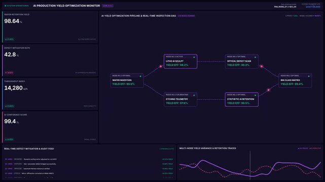 Ai production yield optimization monitor interface with real-time data analytics, for smart factory automation, semiconductor manufacturing process, quality control, industrial technology