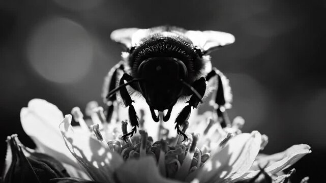 Black and white macro shot of a bee perched on a flower's stamen with soft bokeh background