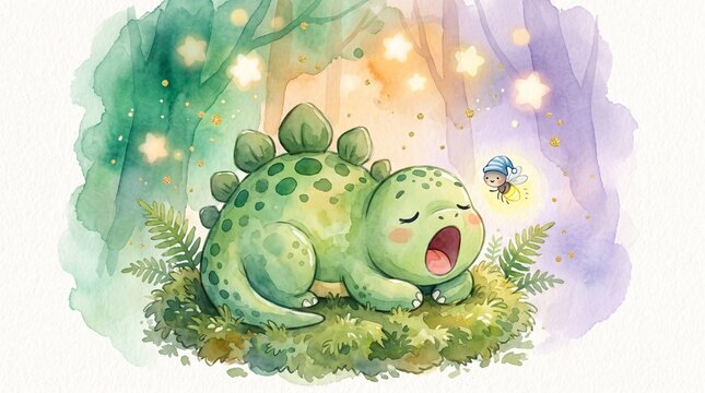 Waterbrush illustration of cute baby dinosaur sleeping on soft moss firefly ambient