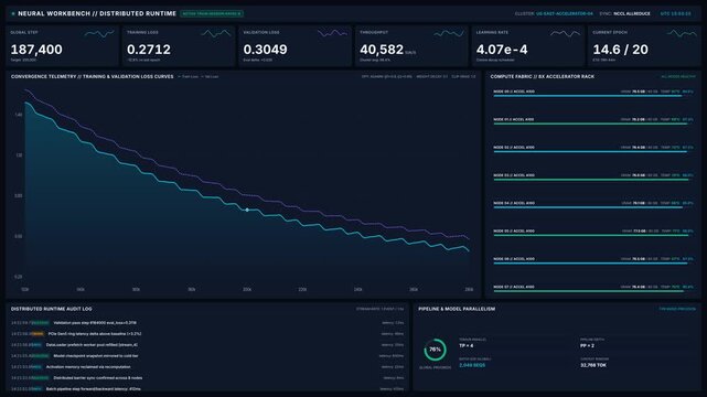 Dashboard for neural network training progress with real-time graphs metrics, for machine learning development, artificial intelligence research, data analysis, software engineering