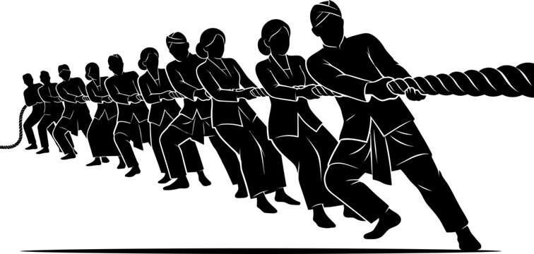 Team in Traditional Indonesian Attire Playing Tug of War Competition Vector Illustration