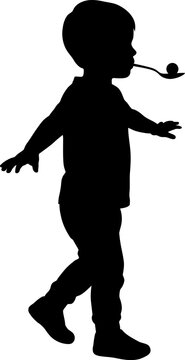 Silhouette of Child Balancing Marble on Spoon in Mouth Vector Illustration for Traditional Race Game