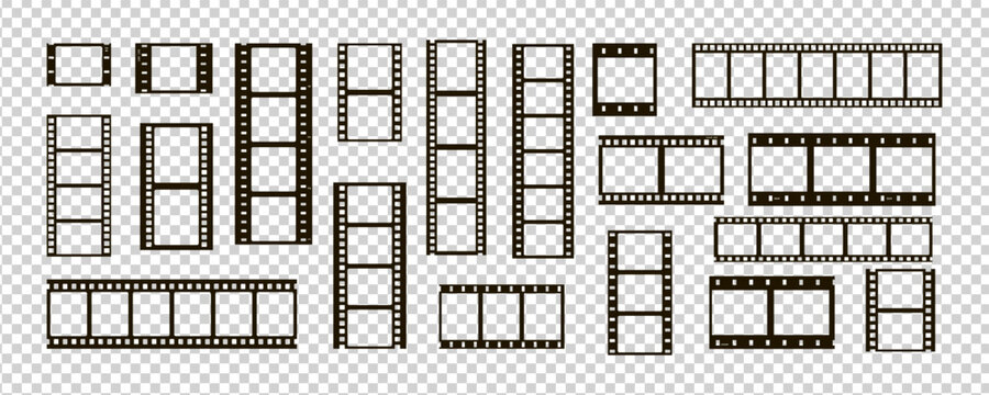 film movie reel transparent strip frame set for vector graphic. roll old photograph filmstrip with cinema and video layout for camera. vintage border template for digital picture and album design.