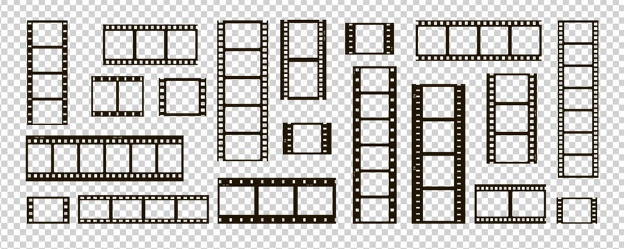film movie reel transparent strip frame set with album style. roll old photograph filmstrip for picture and photography border with camera. black white negative template for retro collage and media.