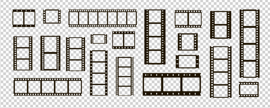 film movie reel transparent strip frame set for png collection. roll old photograph filmstrip with vintage camera and cinema theme. black border template for album page and photography layout.