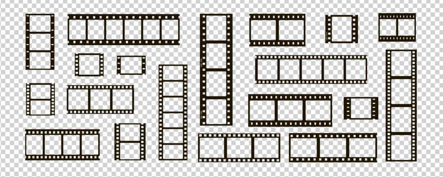 film movie reel transparent strip frame set with transparent background. roll old photograph filmstrip for camera and picture template with cinema style. analog vintage border for media layout