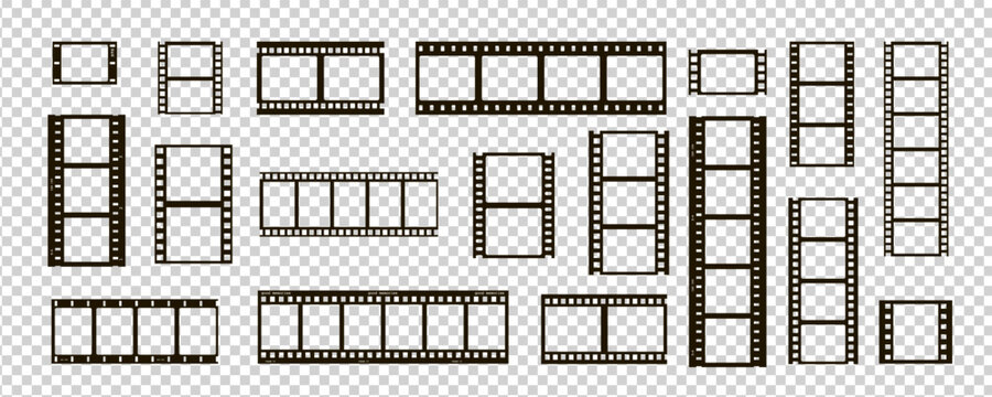 film movie reel transparent strip frame set for classic layout. roll old photograph filmstrip with camera and picture border for album. vintage vector illustration for cinema template