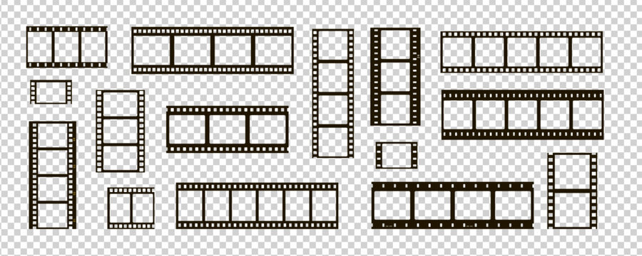 film movie reel transparent strip frame set with square option. roll old photograph filmstrip for photo and video frame with cinema style. analog negative template for retro media and picture design.