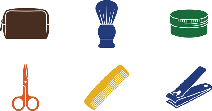 Vintage grooming kit icons, 6 barber shop tools vector set, masculine hygiene accessories for travel and self-care branding