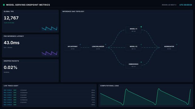 Model serving endpoint metrics dashboard with real time performance data inference dag topology, for artificial intelligence operations, machine learning monitoring, software deployment,