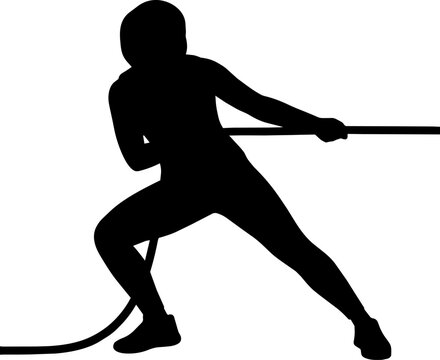 Silhouette of Athletic Woman Pulling Heavy Rope in Tug of War Competition Vector Illustration
