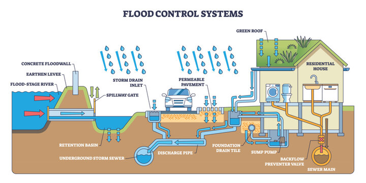 Flood control systems overview shows levee, retention basin, and house plumbing managing stormwater from roof to sewer, illustrating urban flood mitigation flow. Outline diagram