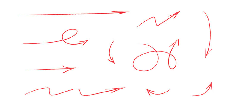 Hand drawn red crayon movement arrow collection. Grunge squiggly arrow set. Pencil chalk lines sketch. Brush scribble element set. Doodle vector illustration.