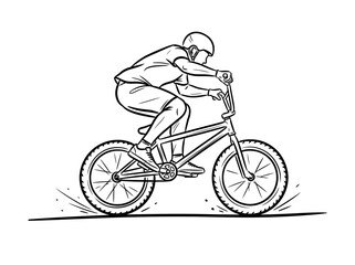 Fototapeta premium A black and white line drawing of a person riding a BMX bicycle, depicted in motion with a helmet and casual attire.