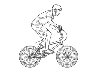 Fototapeta premium A detailed black and white line drawing of a person riding a BMX bicycle, wearing a helmet and shorts.
