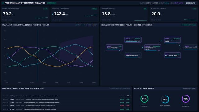 Predictive market sentiment analytics dashboard with financial data charts neural network node processing, for business intelligence, economic forecasting, financial analysis, algorithmic