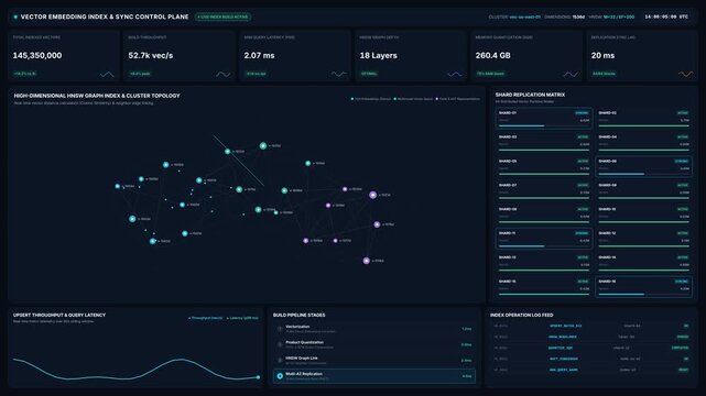 Vector embedding index sync control plane dashboard with cluster analytics, network graph topology, replication status metrics, for big data processing, database management, cloud