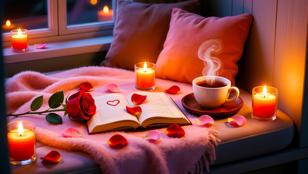 Evening Reading Nook with Candles and Tea