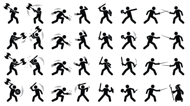 Black stick figure vector illustration showing various fantasy combat actions like fighting with sharp weapons shields and magical staffs together