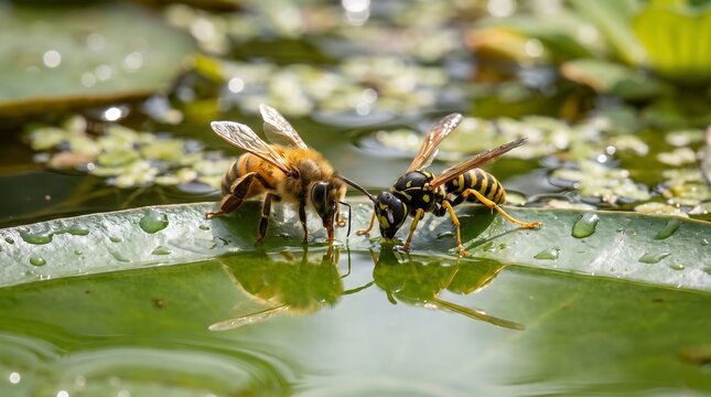 Macro honey bee and wasp drinking water on lily pad, honeybee and yellow jacket on green leaf, pond wildlife and insects
