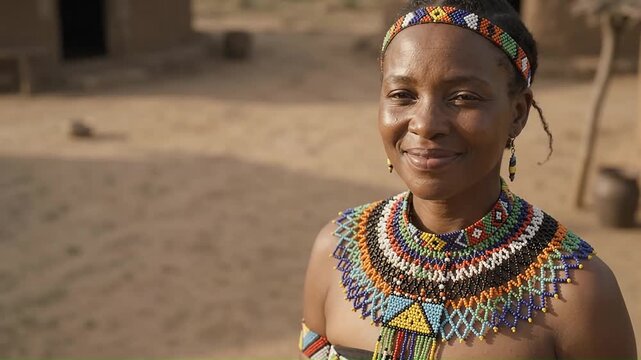 A smiling woman wearing traditional colorful beaded jewelry outdoors