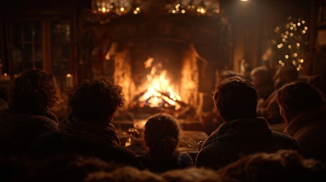 merry yule log burning with family gathered,