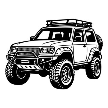 Black and white vector line art of a customized 3-door off-road 4x4 SUV with a roof rack, heavy-duty bumper, and mud tires. Perfect for adventure and vehicle graphics.